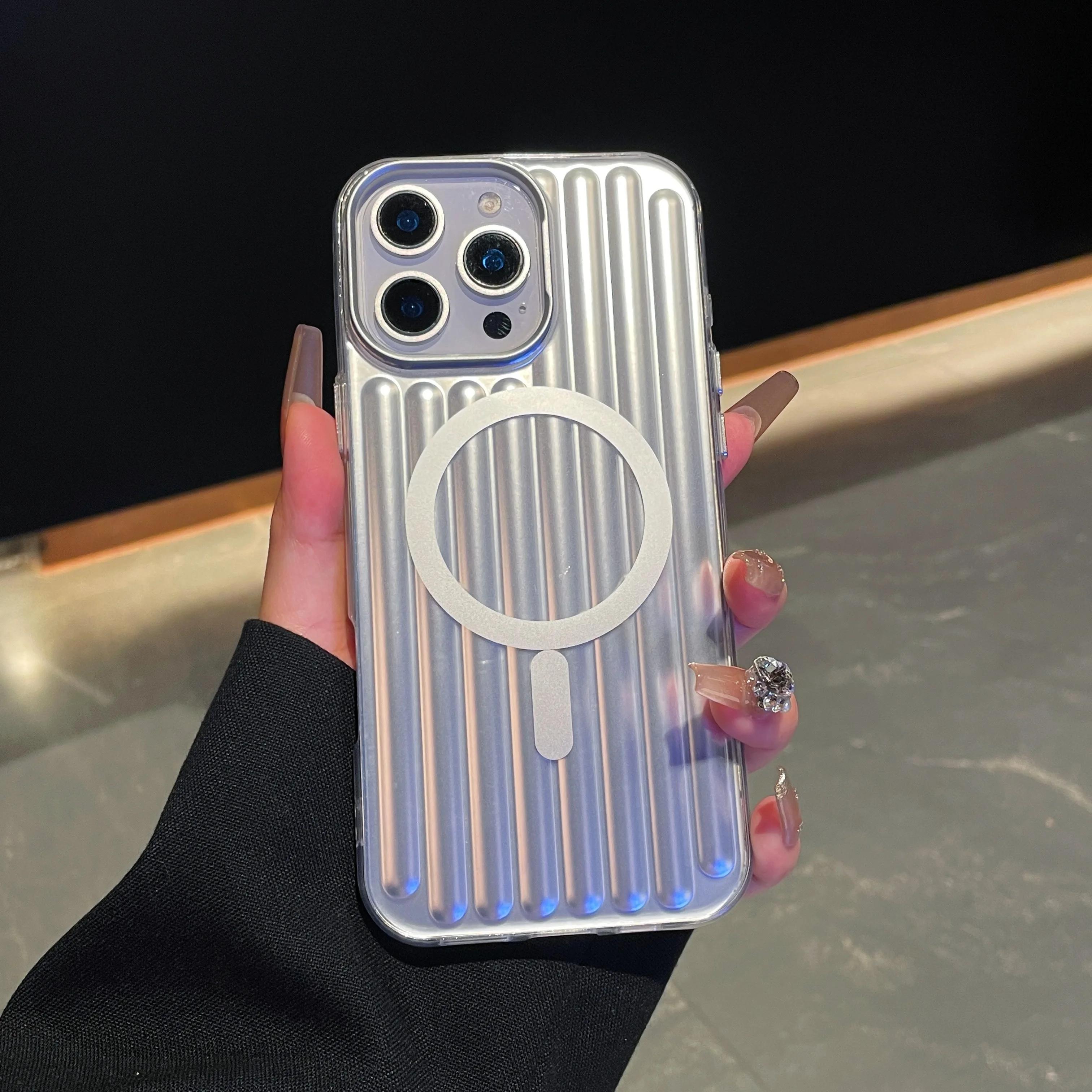 

Матовый PC Полоска Для Magsafe Магнитный Чехол Для Телефона Для iPhone 16 15 14 Pro Max 13 Беспроводная Зарядка Гофрированный Ударопрочный Чехол 13