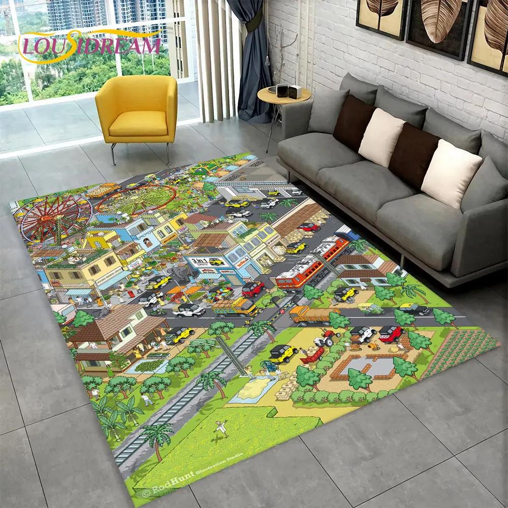 Highway City Traffic Cartoon Area Rug,Carpet Rug for Living Room Playroom Children's Bedroom Decor,Kid Game Non-slip Floor Mat