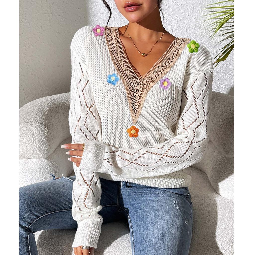 Women's Loose Casual Lace V Neck Long Sleeved Knitted Pullover Sweater Top Sweater Top