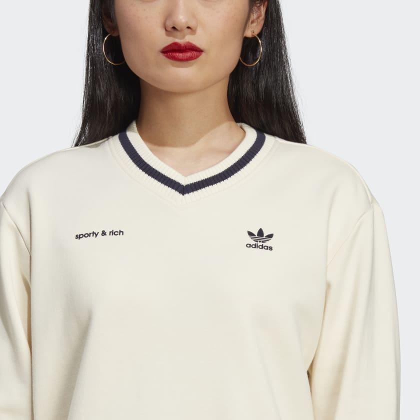 Adidas Originals X Sporty & Rich Striped Brand Logo Print Cropped V-Neck Sweater Women Sweater White IN5247