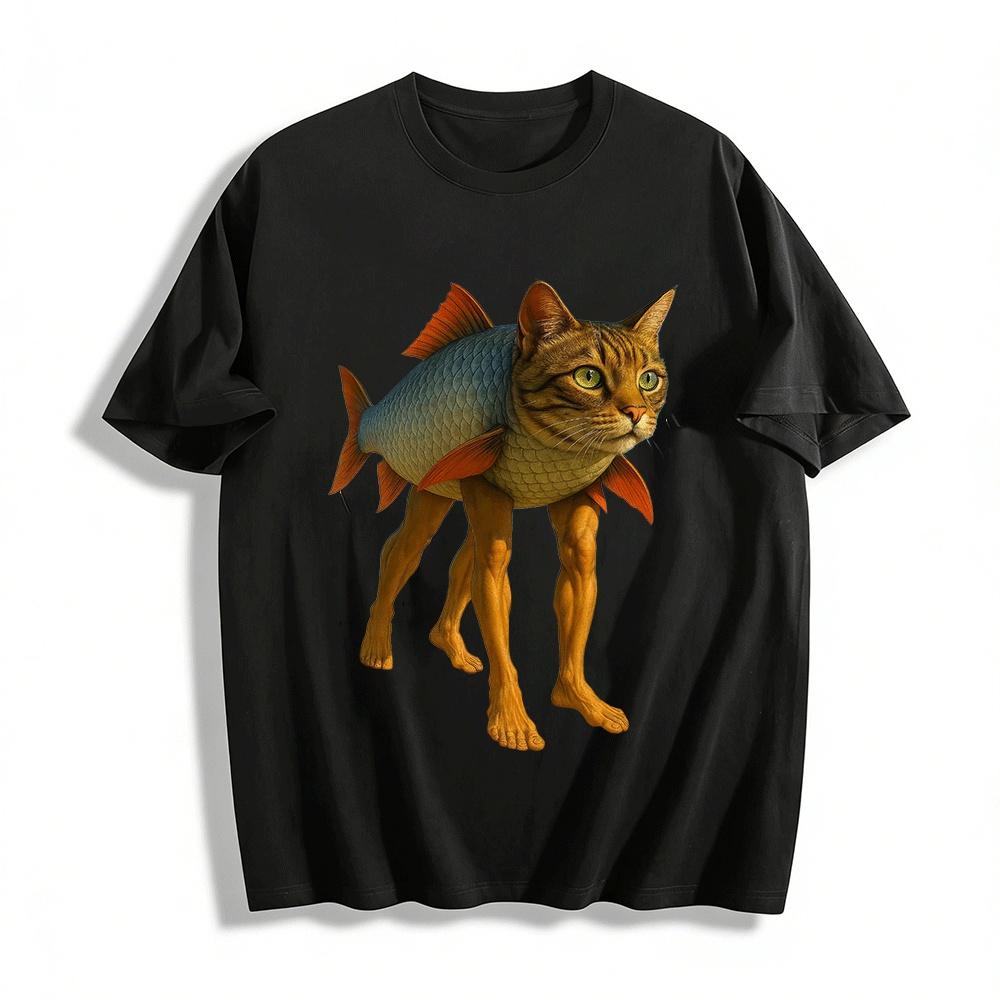 Weird Fish-Cat Hybrid Creature Print Casual Short Sleeve T-Shirt Pure cotton T-shirt XXS