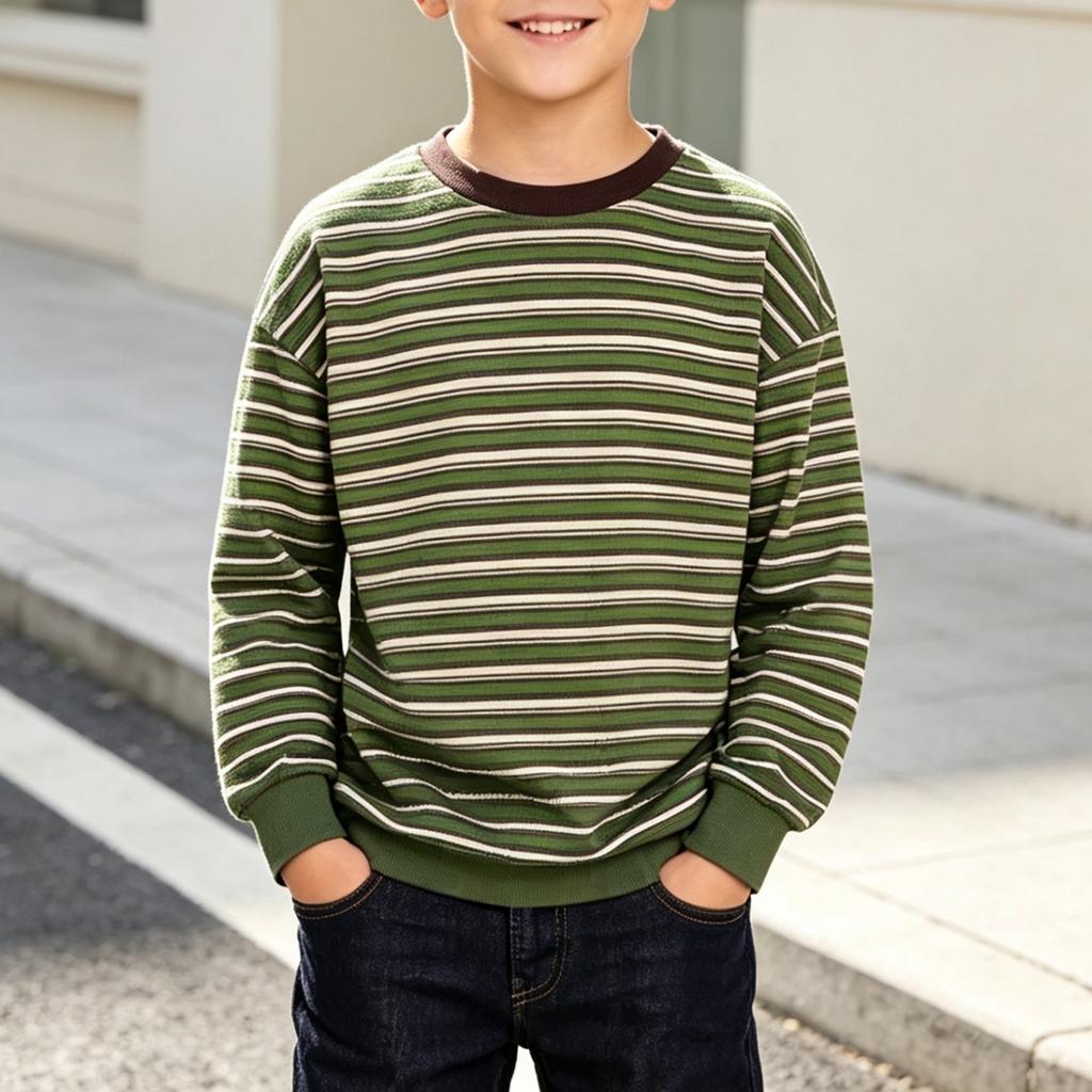 Boys Long Sleeve Striped Cotton T-Shirt Neck Pullover Top for Toddler Kids Spring and Fall