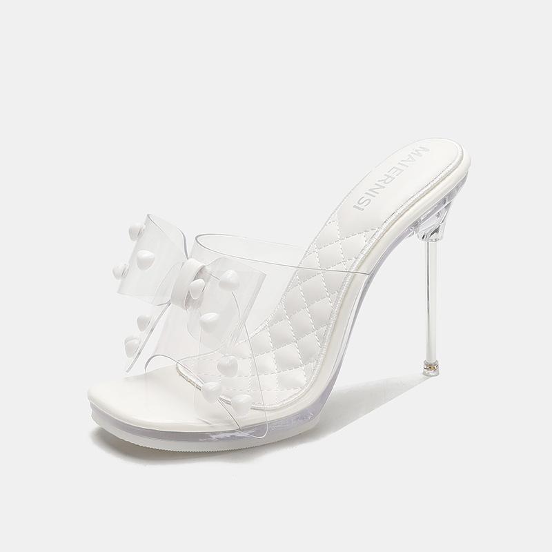 

Summer new rivet high-heeled fashion slippers actress metal and transparent cool slippers 35 белый