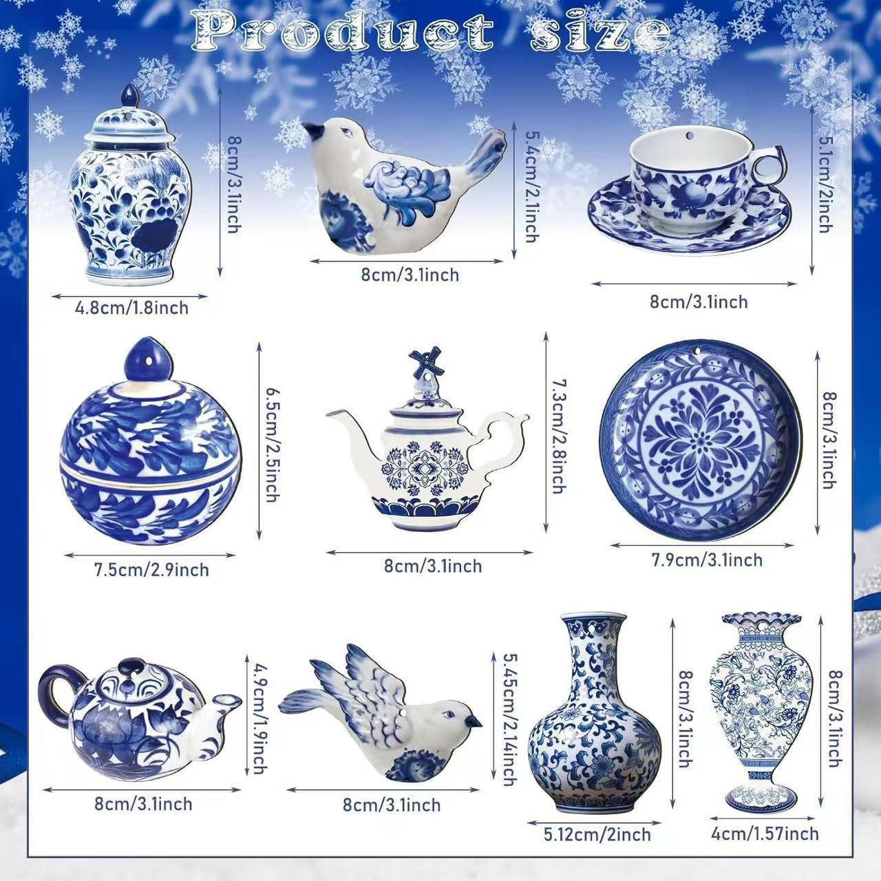 Chinese style wooden blue and white porcelain pendant ornament Christmas tree ornament blue and white porcelain pendant personalized ceramics 10-piece set