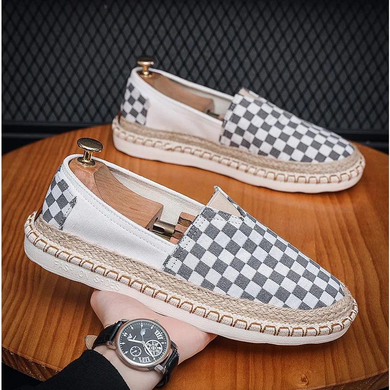 New Shoes for Men Canvas Casual Shoes Summer Breathable Plaid Slip-on Loafers Street Fashion Flat Fisherman Shoes