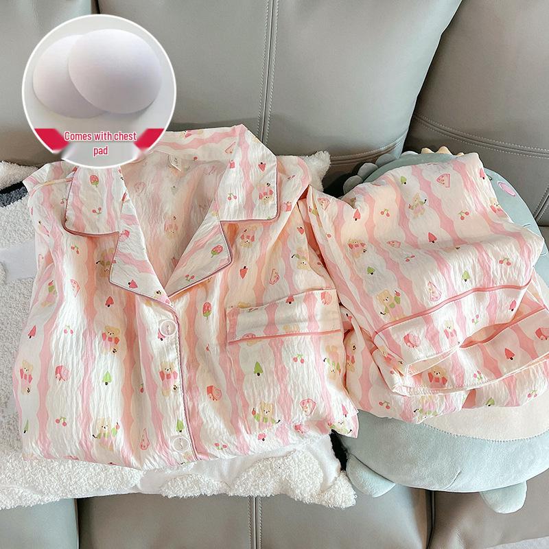 Damen Cartoon Pyjama-Set aus Wolkenbaumwolle mit Brustpolster - Langarm-Cardigan und Revers für Frühling und Herbst