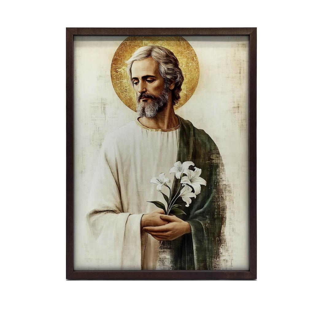Święty Józef Z Bukietem Lilii Święty Józef Z Bukietem Lilii, 30X40 Cm, Rama Aluminiowa Złota, Papier Matowy 230 Gsm