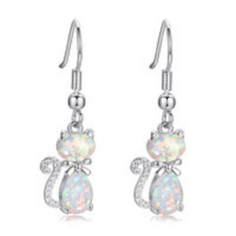 Wish White Gold Rose Gold Blue and White Opal White Diamond Cat Bow Earrings Versatile Ear Hook