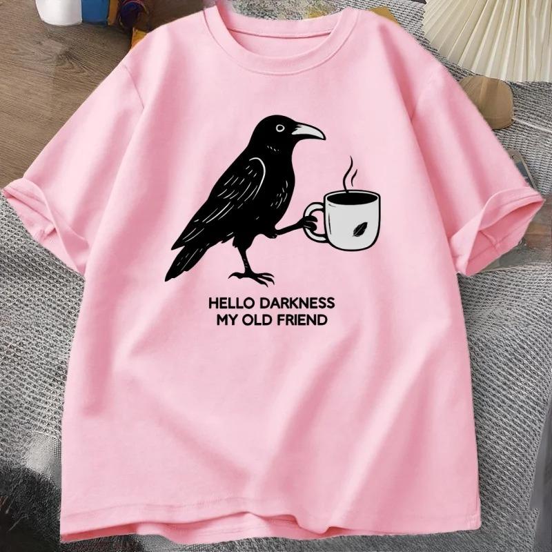 Vintage Crow Coffee T Shirt Halloween TShirt Fall Tee Women Unisex Tops Creative Crew Neck Tees Short Sleeve Loose TShirt Tops