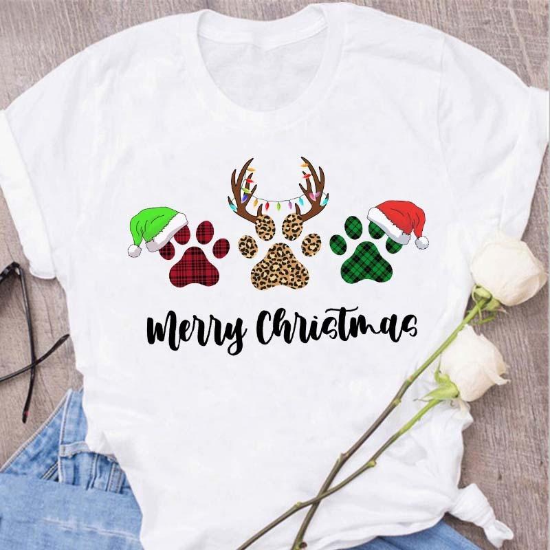Womens Black Dog Claw Printed Tshirt Leopard Love Printed Christmas Reindeer Design Short Sleeve Casual Holiday Tshirt