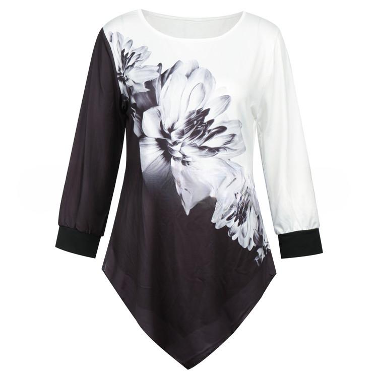 QICED Autumn Printed Casual O-Neck Loose Fit Irregular Hem Women's Shirt
