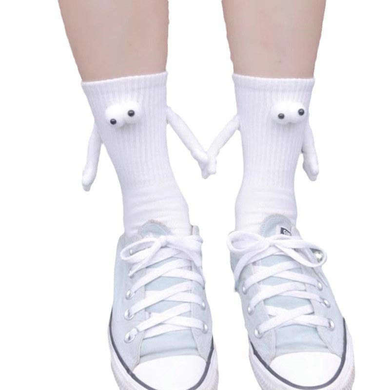 1 paio di calzini per coppie alla moda, divertenti, creativi, per attrazione magnetica, mani, occhi di cartone animato bianco nero, calzini per coppie mano nella mano