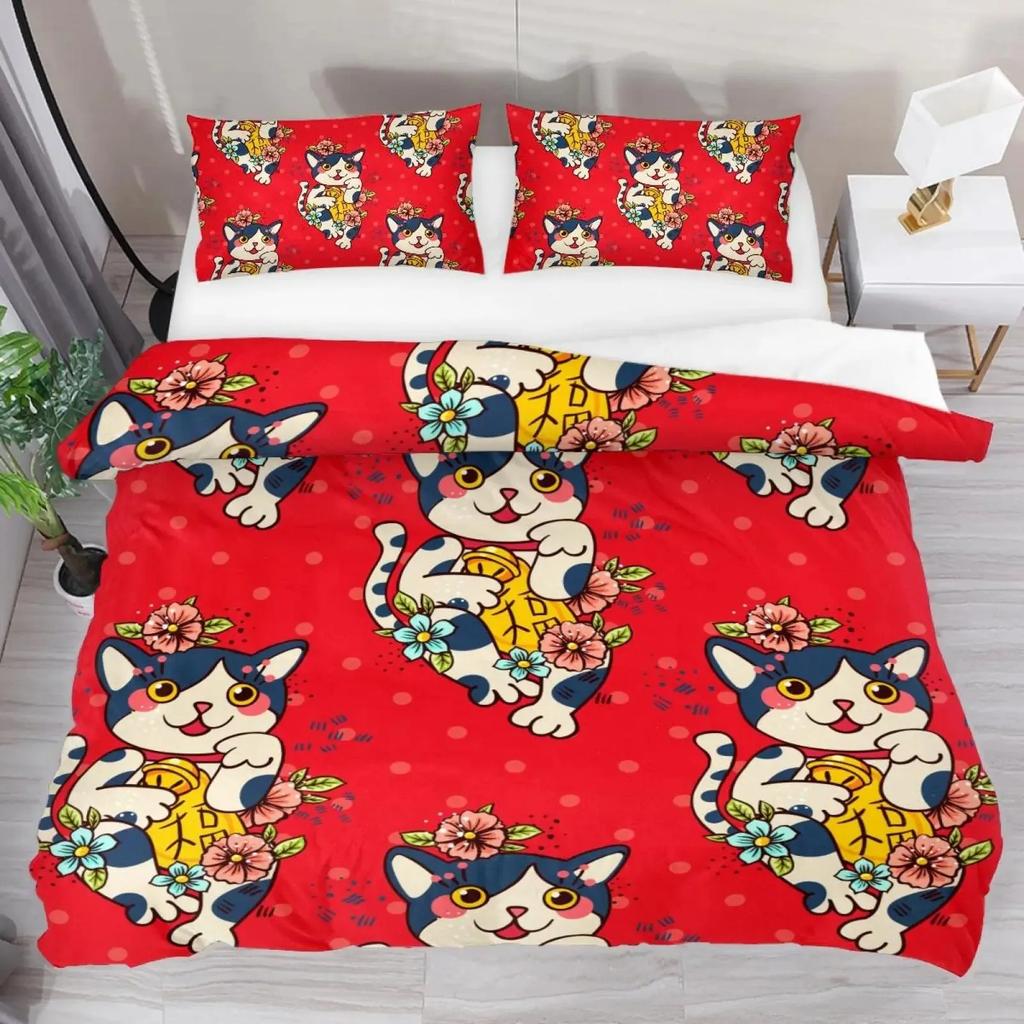 Maneki Duvet Cover Set,Japanese Lucky Cat Duvet Cover Neko Gold Coin Japanese Style Cute Bedding Set Cat Comforter Cover