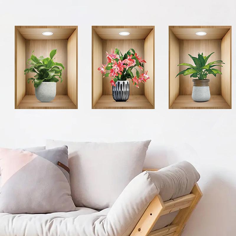 3Pcs Watercolor Realistic Potted Flower Plant Wall Stickers Removable For Bedroom Living Room Nursery Decoration Wall Decals