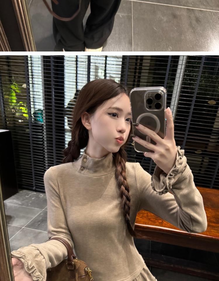 Korean Style Slimming Ruffle Turtleneck Women's T-Shirt for Autumn/Winter