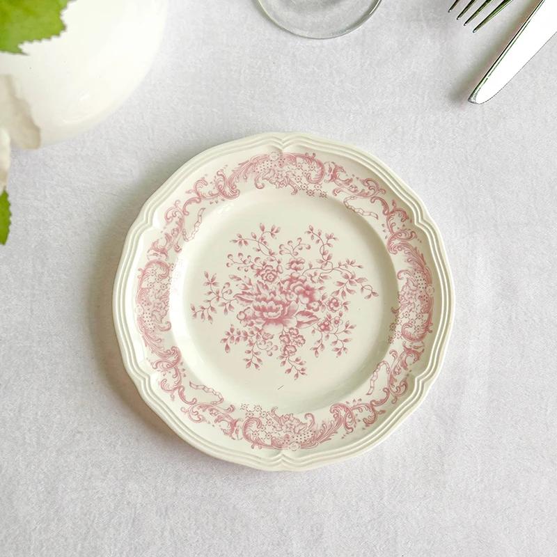 

Керамические тарелки с розовыми цветами во французском стиле, винтажная бытовая посуда для печенья и хлеба, высококачественная ресторанная десертная посуда