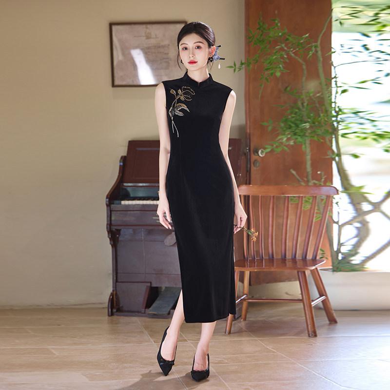 Embroidery Black Velvet New Chinese Suzhou Autumn Cheongsam Improved Young 1011 New Women's Premium Spring and Autumn