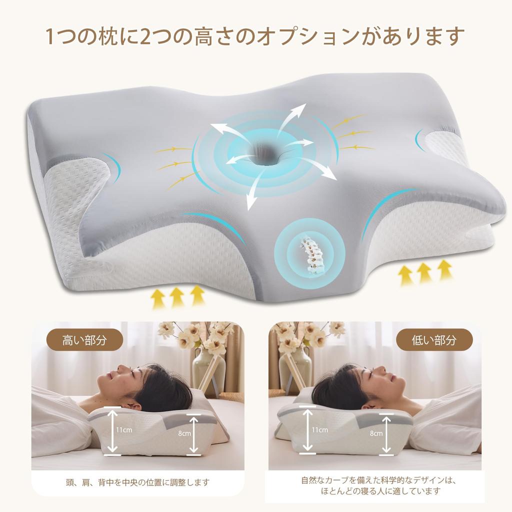 Rakukureya Memory Foam Pillow for Neck Pain Relief and Comfort [Concave Hollow Design for Ears and Back, Breathable, Double Pillowcase, Adjustable to