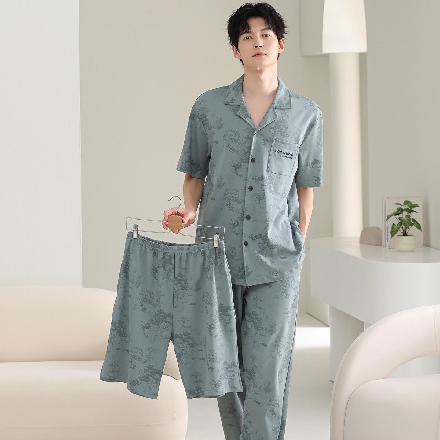 

2026 Spring Men s Plus Size Cotton Pajama Set: Short Sleeve Top, Long Pants, Three-Piece Homewear XXXL