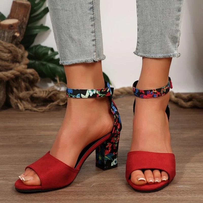 Fashion 2025 Summer Shoes Sqaure High Sandals Vintage Flower Print Open Toe High Heels Woman Casual Buckle Ankle Strap Sandalse