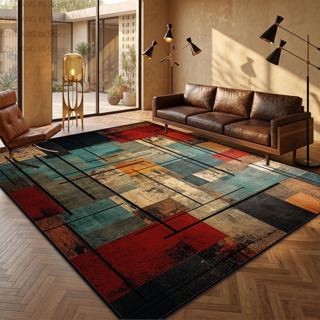 Geometrischer Retro-Farbkollisions-Waschbarer Teppich Dekoration Wohnzimmer Rutschfester Teppich Große Fläche Kurzflor Kaffeetischmatten