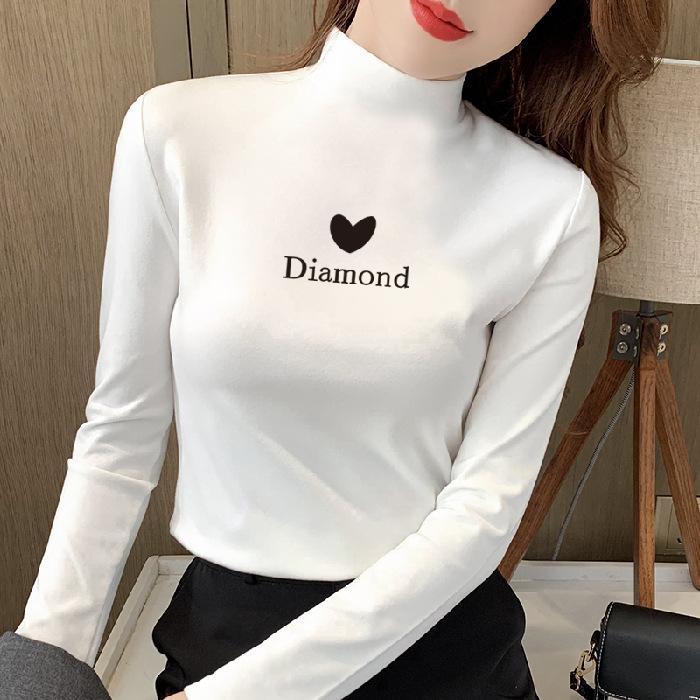 Women Double-sided Fleece Mock Neck Long Sleeve Top Heart Letter Print Slim Thermal Base Layer Shirt Fall Undershirt