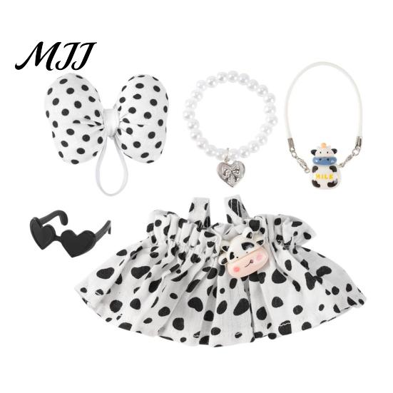 Cow Themed Outfit for Stuffed Goose 7 Inch Mini Outfit, Polka Dot Dress with Bow, Clothes Figurines Sunglasses, Pearl Necklace & Bag, Cute Figurine