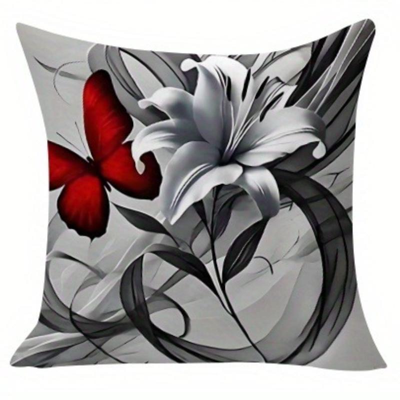 Gray Red Butterfly Floral Pillow Covers Soft Polyester Square Zipper Sofa Outdoor Machine Washable Double Sided Decorative Home