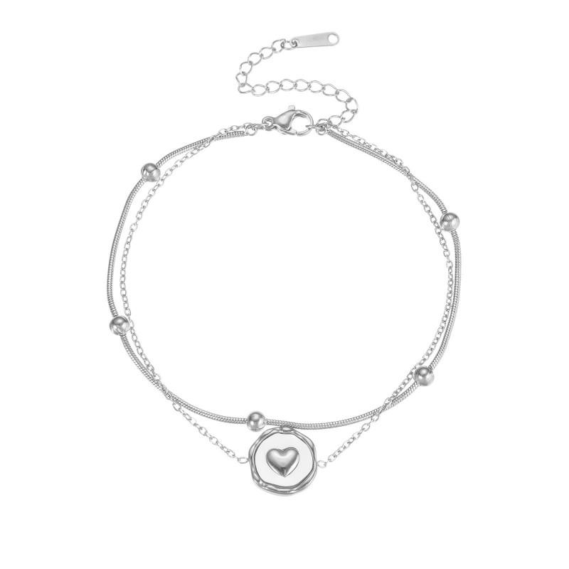 Minimalist Heart Double Layer Beaded Stainless Steel Bracelet Women Elegant Stackable Jewelry Accessory