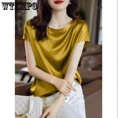Office Lady Silk Thin Short Sleeve Tees Korean Style Women Summer Elegant Black Brown Tops Solid Loose Casual 4XL Shirts