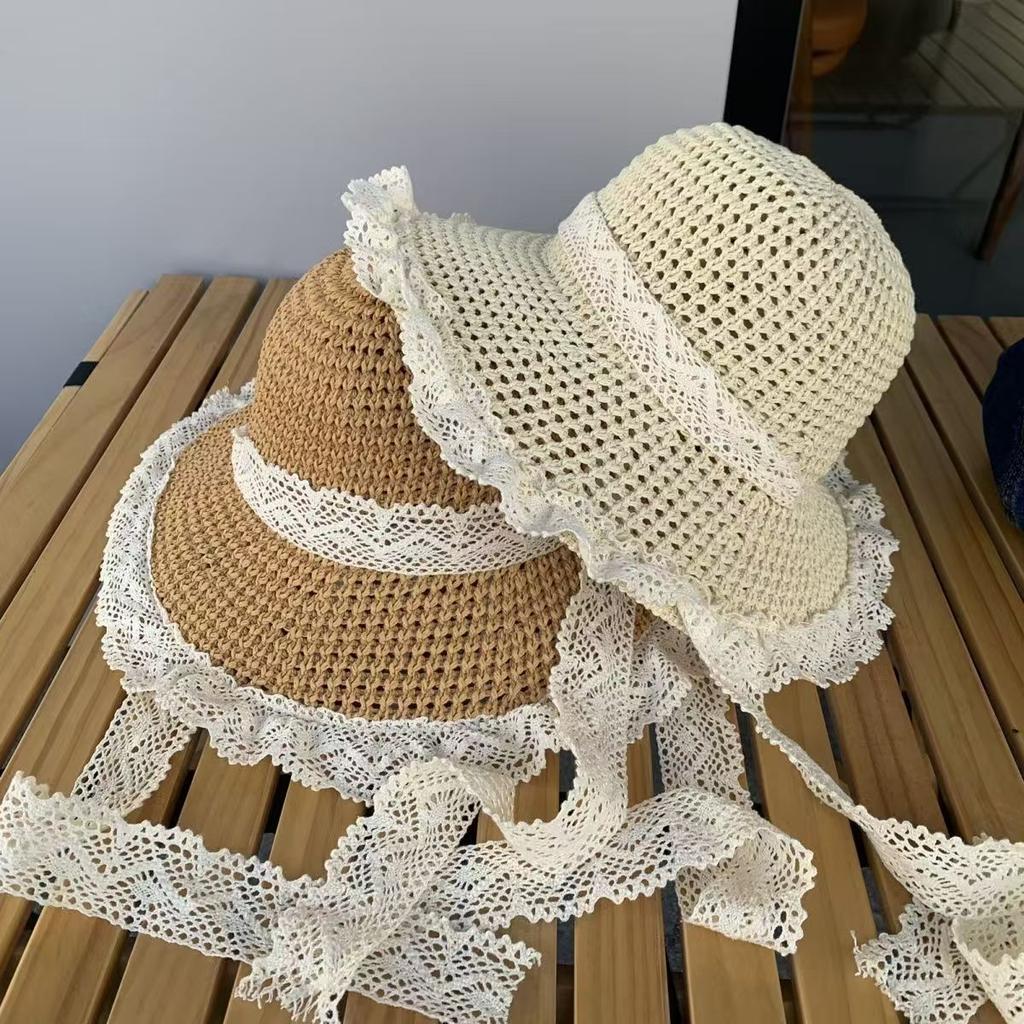 Rural Style, Tied with Ribbons, Sun Hat, Women's, Summer Seaside, Beach Vacation Style, Hollowed Out Large Brim, Sun Hat