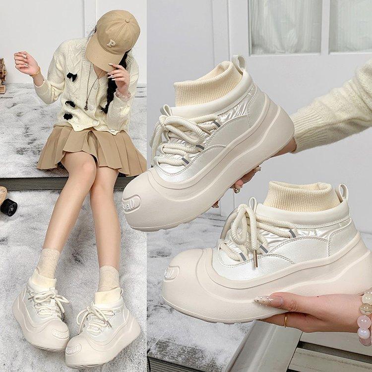 White Deer with the Same Ouder Heightened Thick-soled Open Smile Canvas Shoes Women's Ugly Cute Round Head White Shoes Big Head Shoes