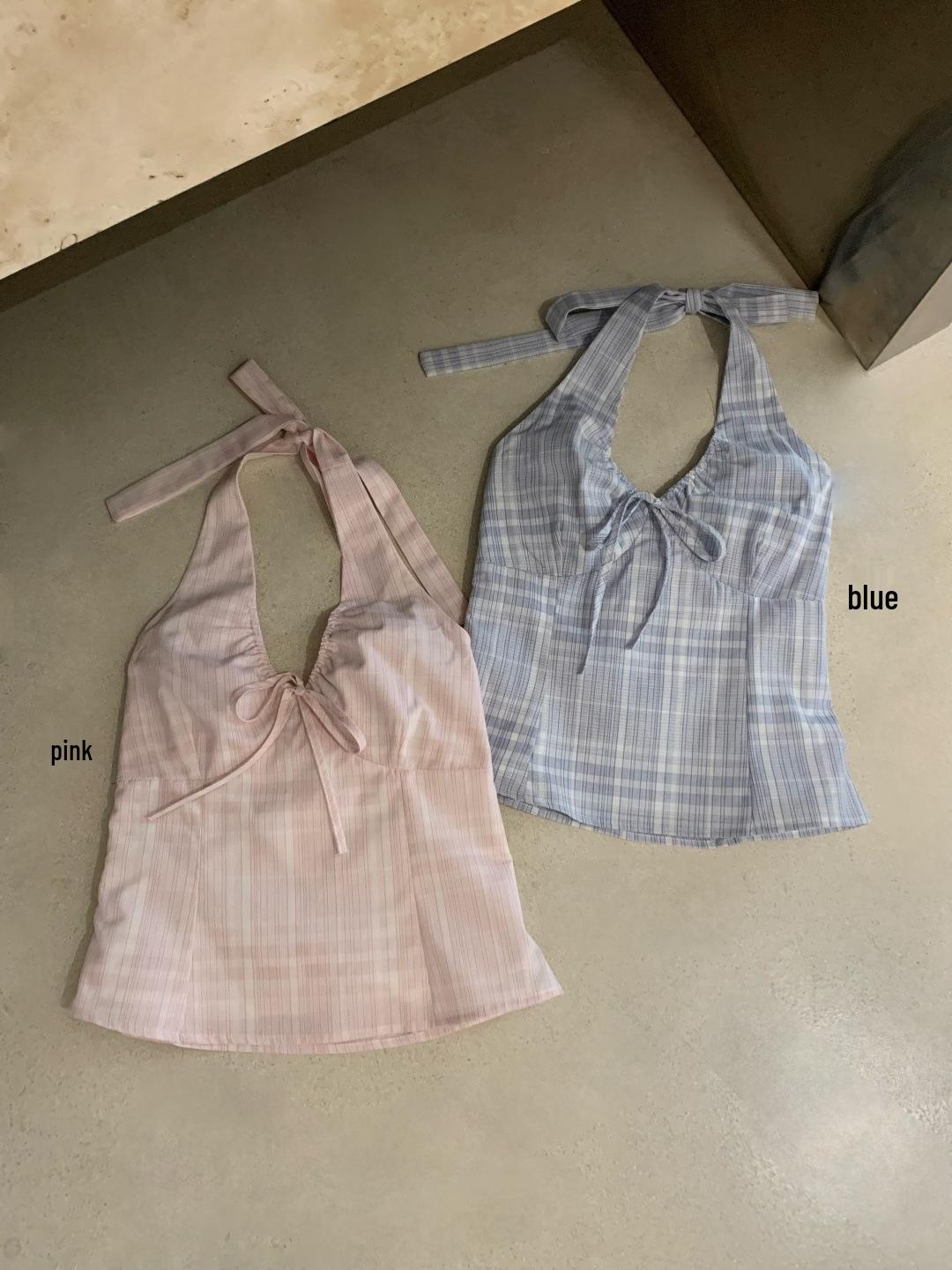 Retro Striped Halter Camisole with Drawstring - Women s Spring/Summer Fashion S розовый