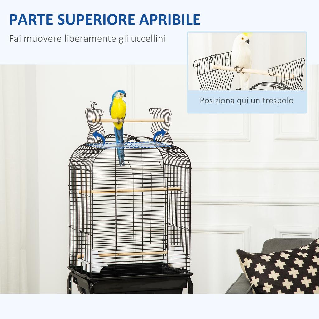 Bird Cage with 3 Perches, 2 Bowls and 2 Side Doors, Made of Steel, PP and Wood, 46x36x130 cm, Black