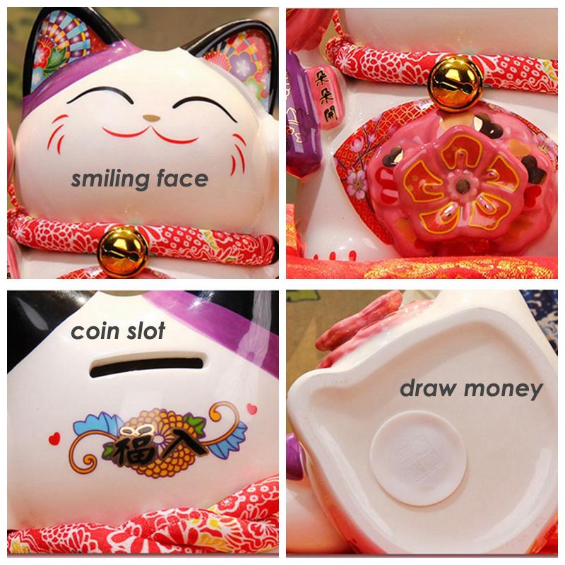 7 Inch Ceramic Lucky Fortune Cat Love Couple Gift Maneki Neko Souvenirs Figure Peach Blossoms Coin Bank Money Box Ornament