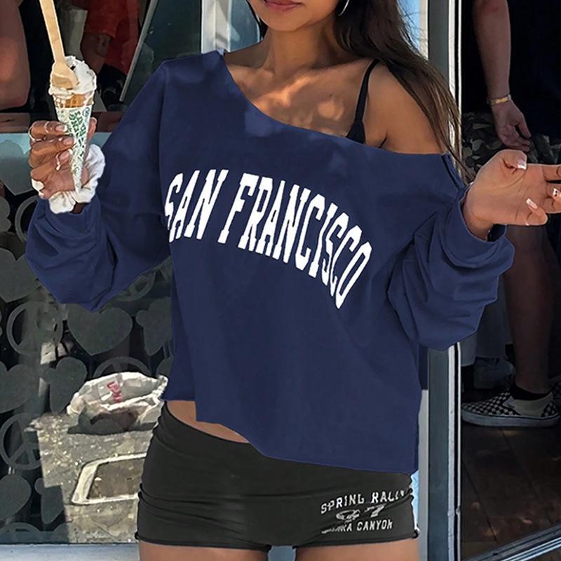 Spring/Autumn 2025 American & European Street Style One-Shoulder Loose Letter Print Casual T-shirt