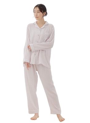 PANSELINA Cotton Double Gauze Pajamas for Long Sleeve Loungewear for Sensitive Skin Checked Pattern for Soft Coverage and Safe Hospital Stays and