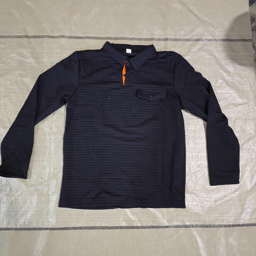 Spring Men's Long Sleeve Plaid Polo Shirt Button Pocket Sports Polo Shirt