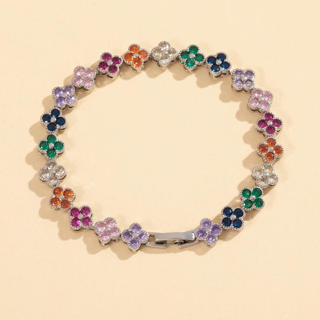 A Colorful Lucky Four-Leaf Flower Bracelet Inlaid With Zircon, Luxurious And High-End Small Fragrance , Versatile For Women