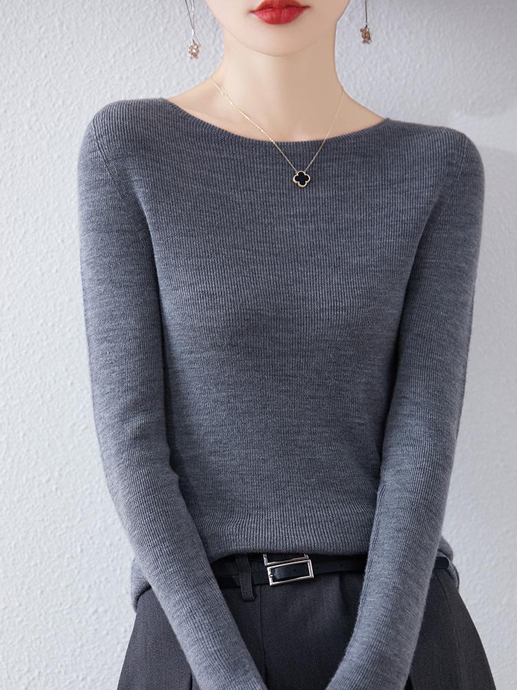 Women's Slim Fit Solid Color One-Shoulder Wool Sweater for Autumn/Winter