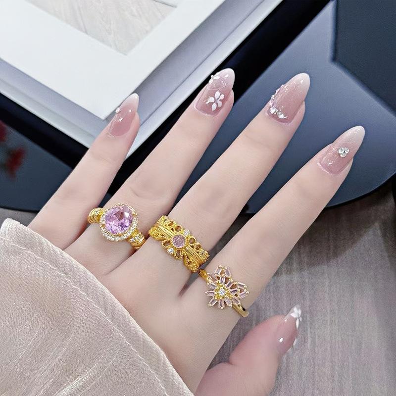 French Retro Temperament Pink Diamond Port Style Open Ring Female Cold Wind Niche High-End Feeling Stacked Index Finger Ring