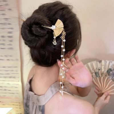 1 pièce Style Chinois Personnalité de Niche Épingle à Cheveux en Alliage en Forme d'Éventail Pompon Exquis Accessoire de Cheveux pour Hanfu Qipao Outil Rapide pour Tresses