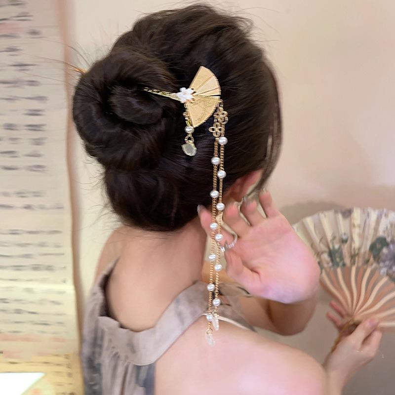 1pc Chinese Style Niche Personality Fan-shaped Alloy Hairpin Exquisite Tassel Hanfu Qipao Headwear Quick Braided Hair Artifact