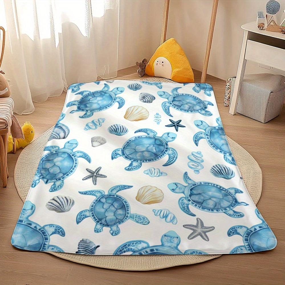 1Pc Coastal Watercolor Sea Turtle & Seashell Print Soft Fleece Blanket Beach Themed Home Decor Throw Blanket