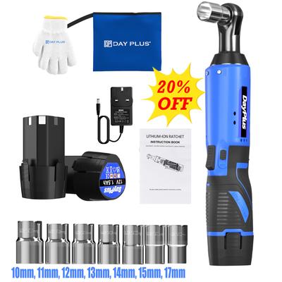 Cordless Electric Right Ratchet 38'' 90 Angle Wrench with LED Work Light 7pcs Sockets Set Power Ratchet Wrenches, 2 Battery