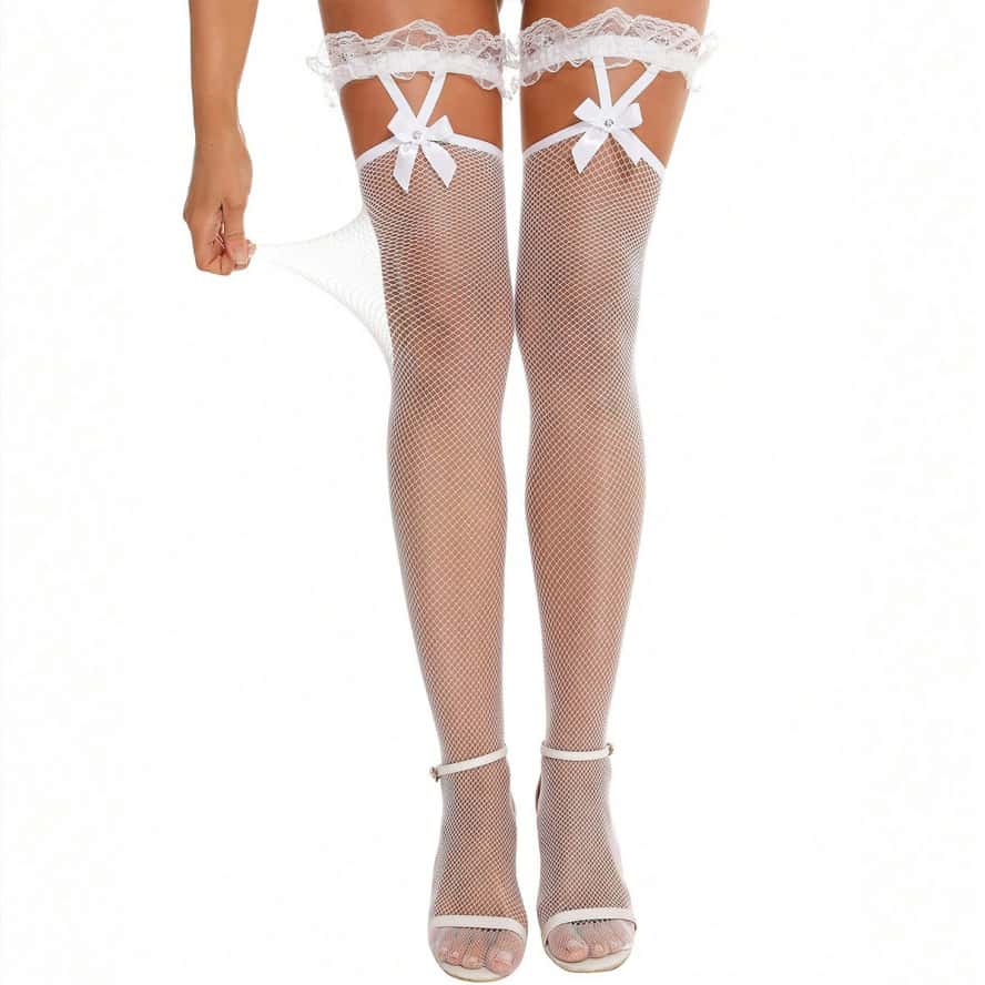 Black White Bow Lace Fishnet Long Socks Over Knee Sexy Lolita Girls Suspender Silk Thigh High Stockings Plus Size for Women XXXL