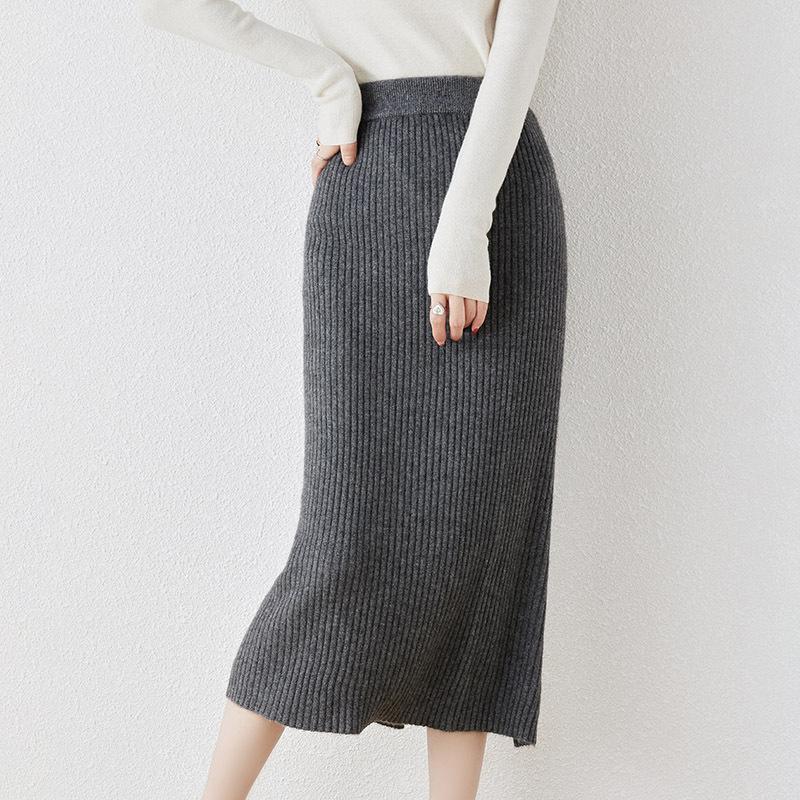 Women's 100% Wool Elastic High-Waist Knitted Midi Skirt with Back Slit