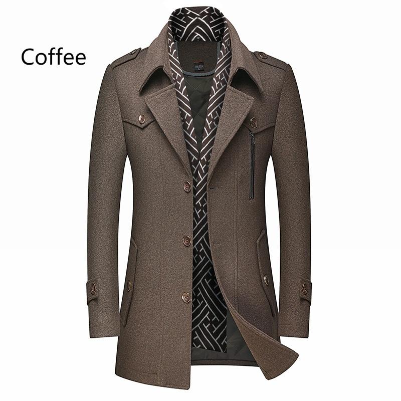 

2025 Новое модное зимнее шерстяное пальто-тренч для мужчин Повседневные куртки с воротником-шарфом Приталенный бушлат с хлопковой подкладкой Средней длины Деловая куртка 4XL кофейный