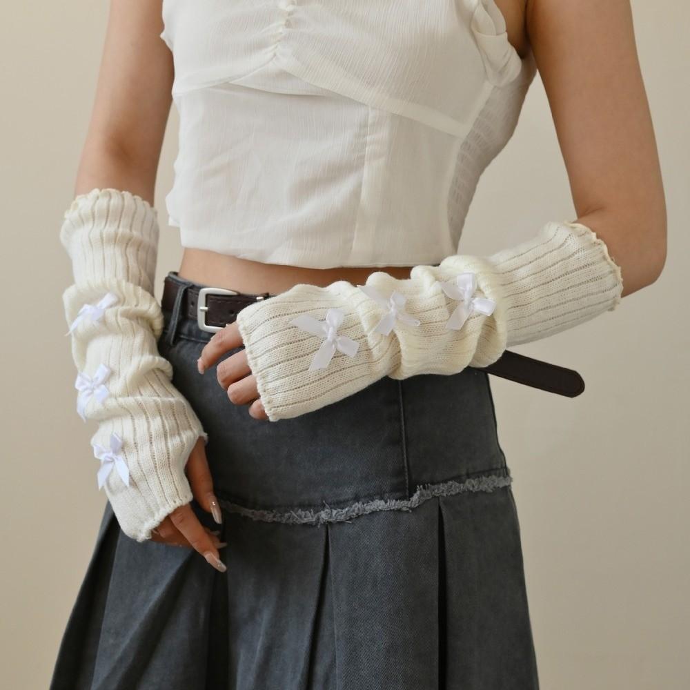 Bow Star Long Wrist Gloves Knitted Fingerless Gloves Trendy Warm Arm Sleeve  JK Accessories
