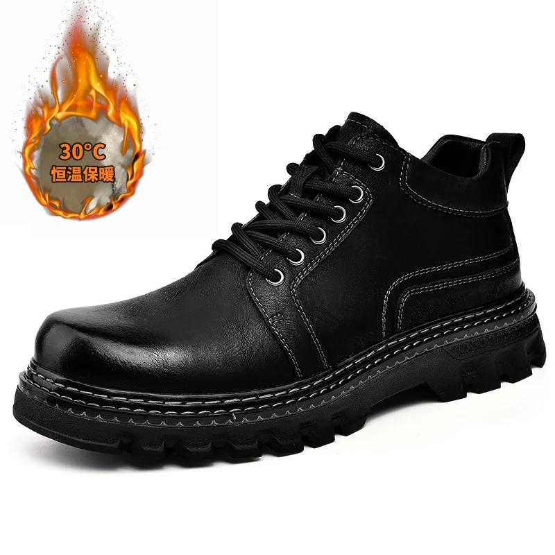 Fashion Italian Genuine Leather Mens Leather Casual Shoes Luxury Brand Business Shoes Lace-up Men Boots Comfy Work Ankle Boots for Men